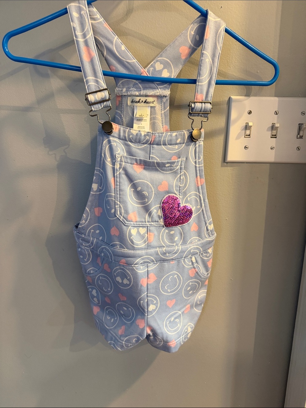 Derek Heart Light Blue Smiley & Pink Heart Sequin Overalls